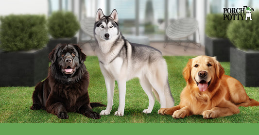 Three Canadian dog breeds stand on a grassy field: a Newfoundland, a Husky, and a Labrador Retriever