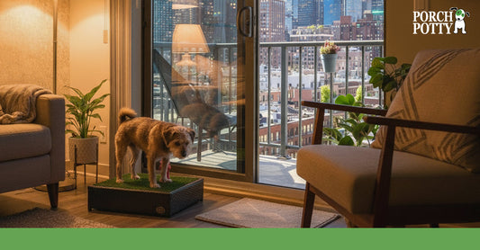 Small brown terrier using a Porch Potty inside an apartment with a city skyline view through the window.