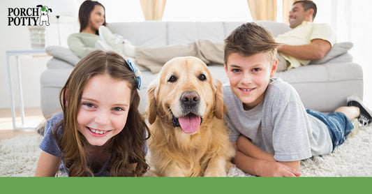 A young couple sit on a sofa while their two young children lay down on the floor with their Golden Retriever