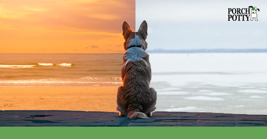A dog sits and stares at a Canadian coast: the left side of the image is warm and the water is flowing, representing summer, while the right side is cold and the water is frozen