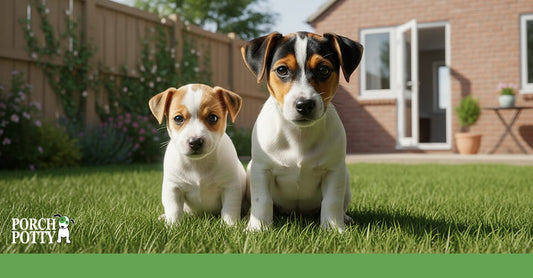 Two young puppies sitting side by side on grass in a backyard, looking toward the camera.