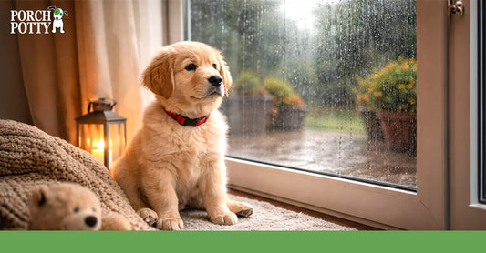 Golden retriever puppy sitting by a rainy window in an apartment during cold weather, representing indoor dog potty training for Canadian homes