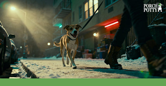 Dog being walked on a leash along a snowy urban street at night near apartment buildings.